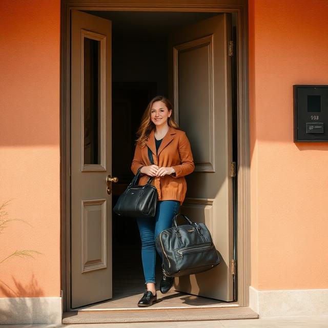 Beauty professional arriving at a client's door with her kit
