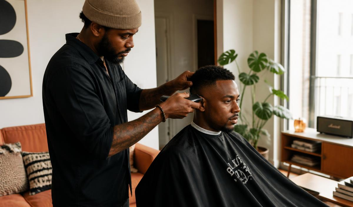 Barber fading a Black male client's hair in his living room