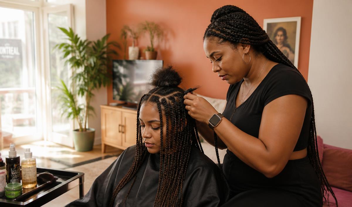 Black braider installing knotless braids for a seated client