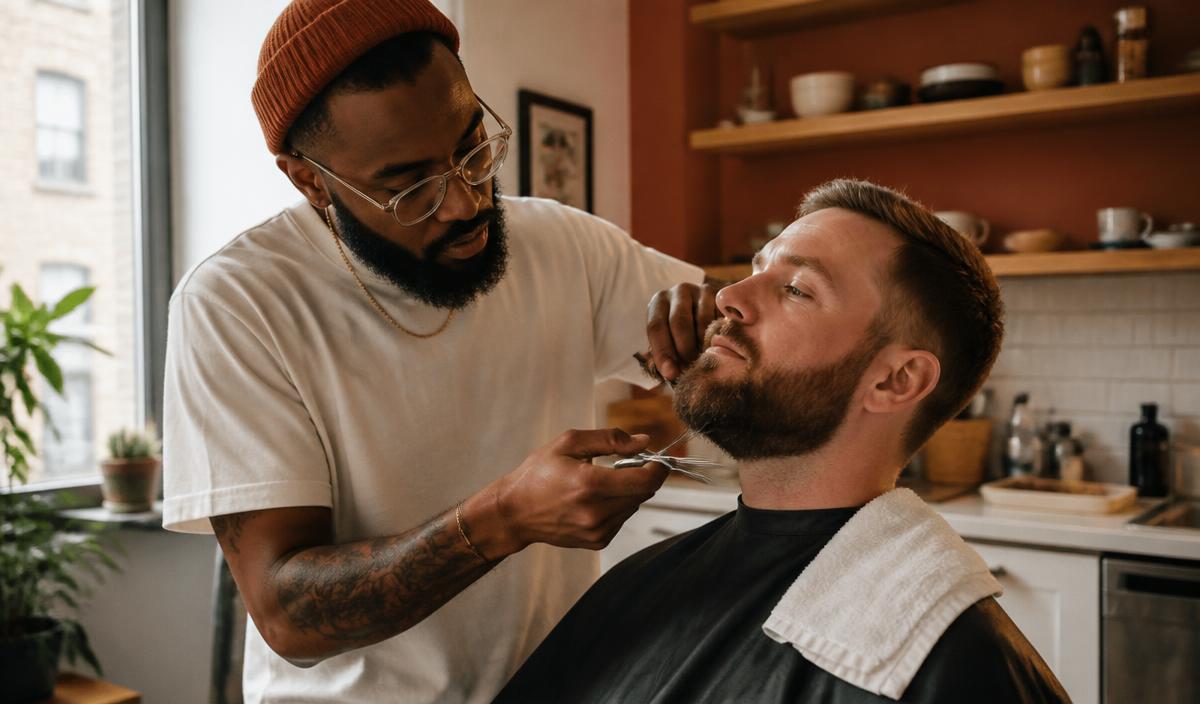 Men's grooming specialist shaping a bearded client's beard with scissors