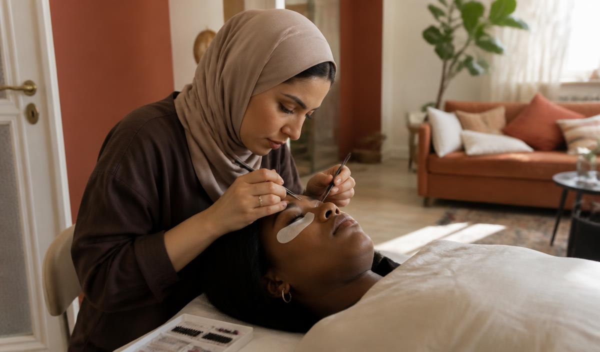 Middle Eastern lash artist applying extensions for a Black client
