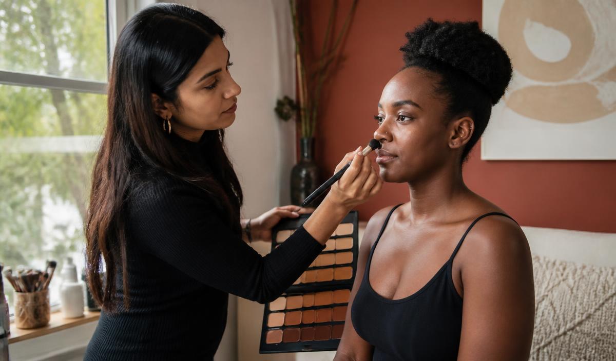 South Asian makeup artist colour-matching foundation for a dark-skinned client
