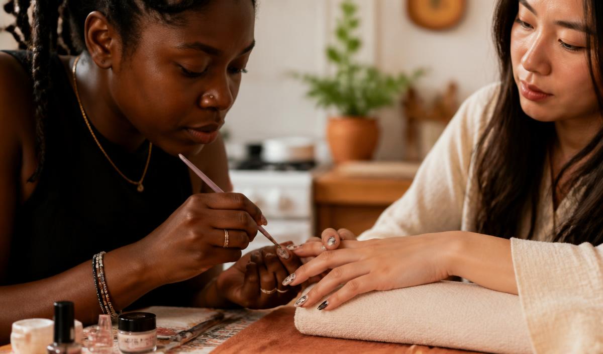 Black nail technician painting detailed nail art for an East Asian client