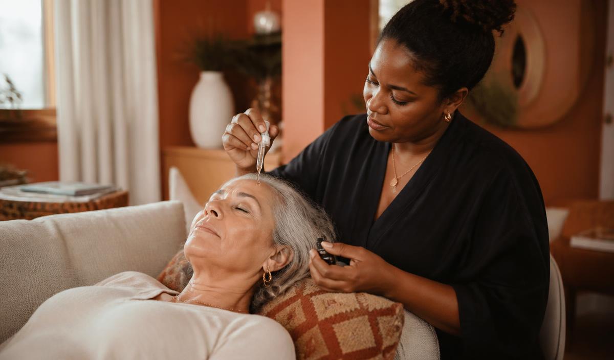 Black esthetician giving a facial to a silver-haired client in her sixties