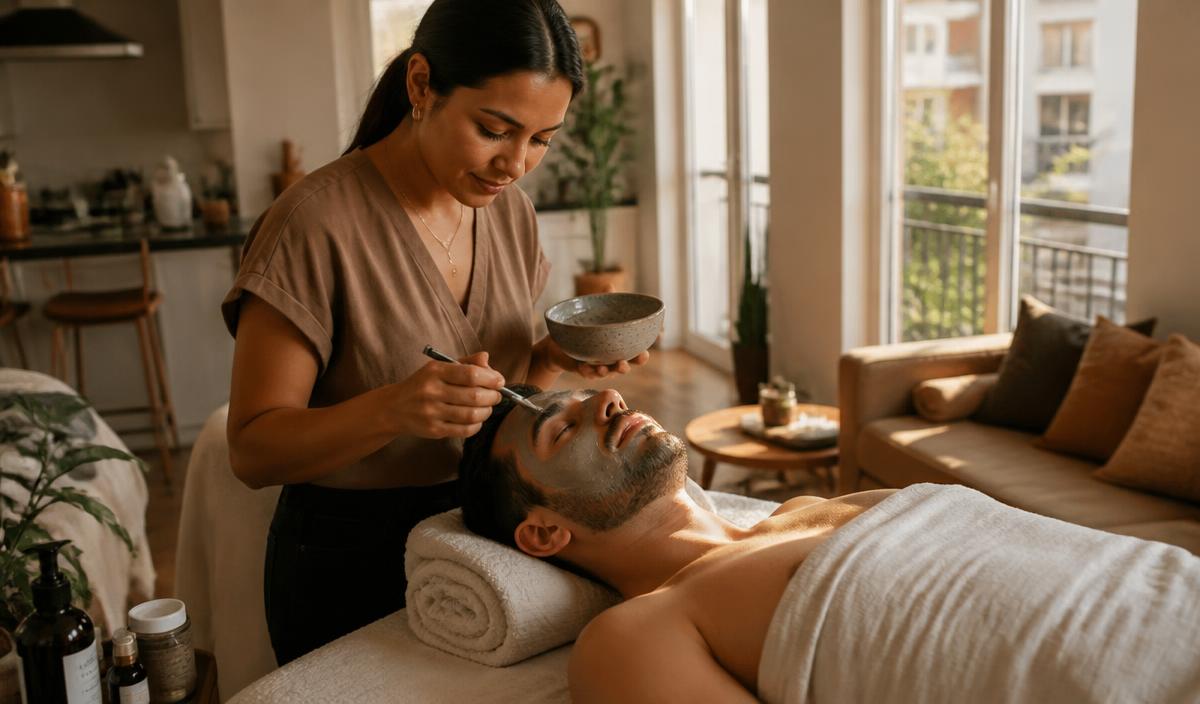 Esthetician applying a clay mask to a male client during a home facial
